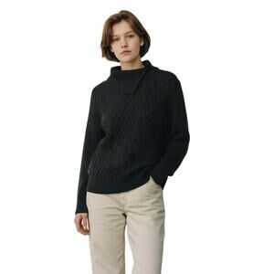 Lands' End Women's Cableknit Cotton Sweater in Black Cotton w/Split Cowl  Size S